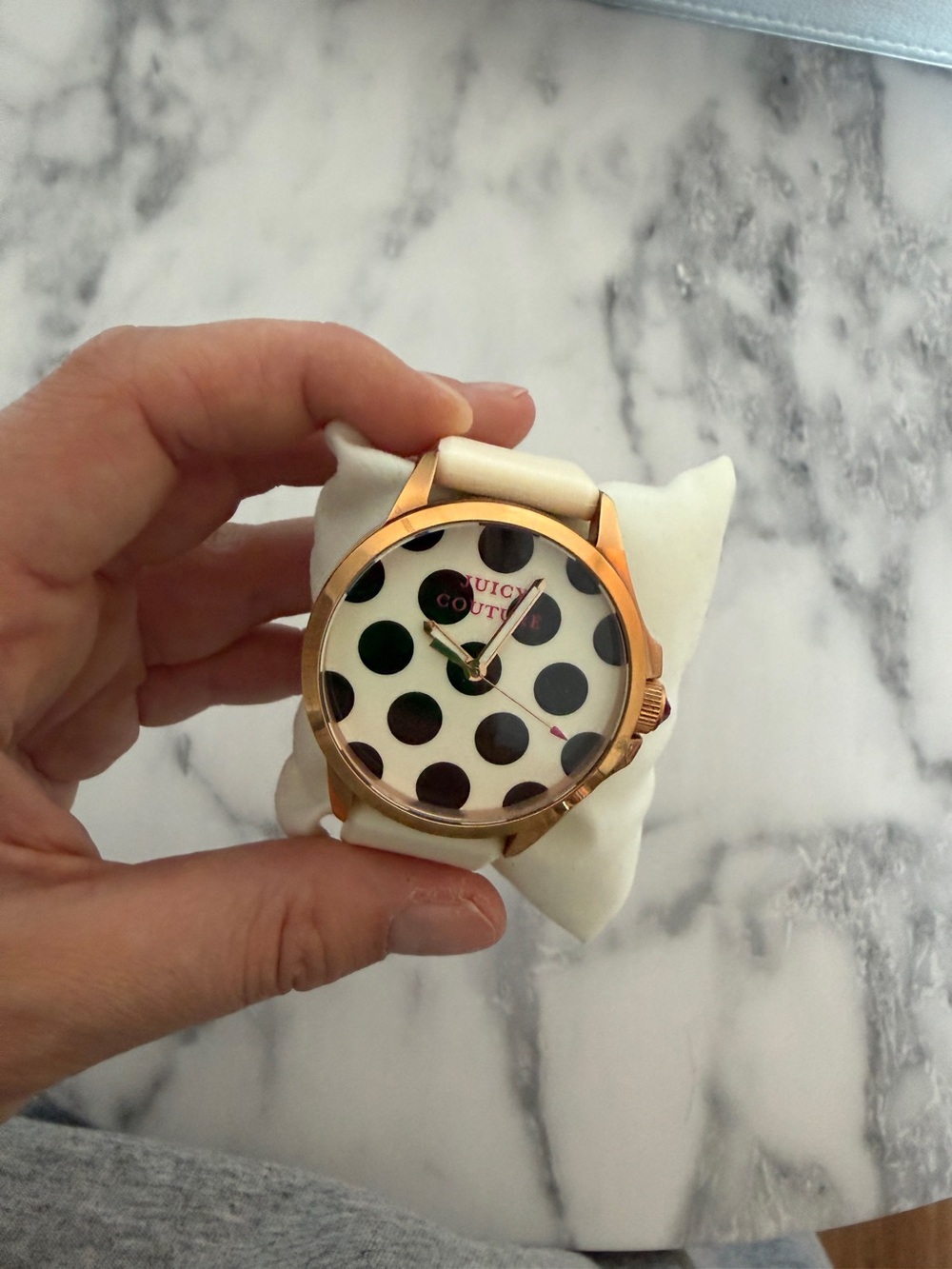 Juicy Couture White Strap Watch with Black Polka Dot Dial and Rose Gold Case